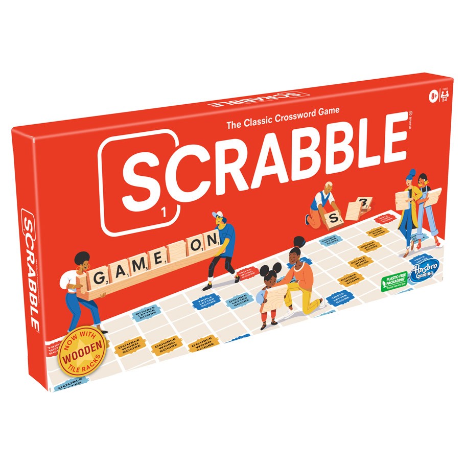 Classic Scrabble Refresh - Red rectangular Scrabble box with classic logo and illustrated players arranging letter tiles on a game board.