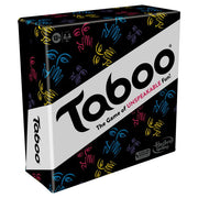 Taboo Refresh - Taboo Refresh board game box with black background, multicolored handprints, and bold white diagonal stripe displaying the.
