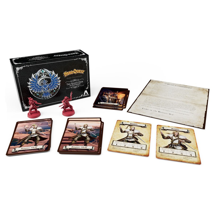 HeroQuest: Rogue of Elethorn Hero - HeroQuest Rogue of Elethorn Hero expansion with black box, red miniature figures, character and spell cards, and a quest.