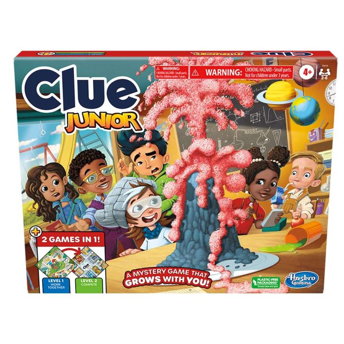 Clue Junior - Clue Junior board game box with colorful cartoon characters and pink tree-shaped game piece on front.