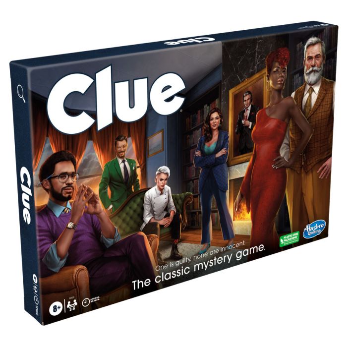 Clue Classic Refresh - Clue Classic Refresh board game box featuring six diverse characters in stylish 1940s attire against a dark, elegant.