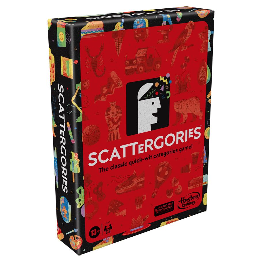 Scattergories Refresh - Scattergories Refresh game box with red front cover featuring black and white stylized head illustration and colorful icons.