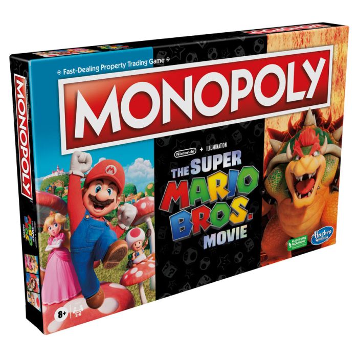 Monopoly Super Mario Movie - Monopoly board game box featuring Super Mario Bros. Movie characters with red, black, and colorful graphics.