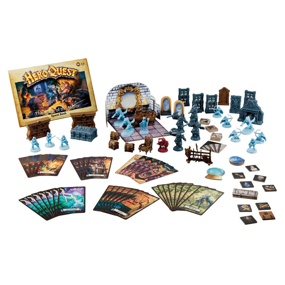 HeroQuest: The Mage of the Mirror - The Mage of the Mirror board game with detailed miniatures, game cards, tokens, and board pieces arranged on a white.