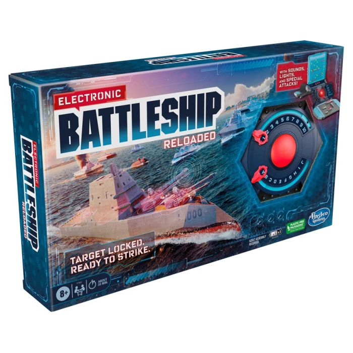 Electronic Battleship Reloaded - Electronic Battleship Reloaded game box with naval battle art and electronic targeting device in blue, red, and gray colors.