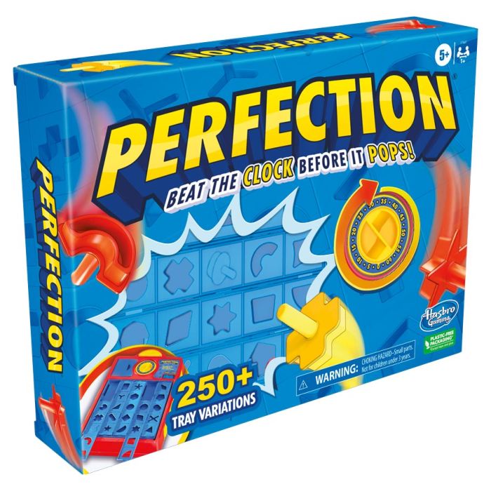 Perfection Refresh - Blue Perfection game box with yellow title, orange timer, and red and yellow puzzle pieces, 250+ tray variations.