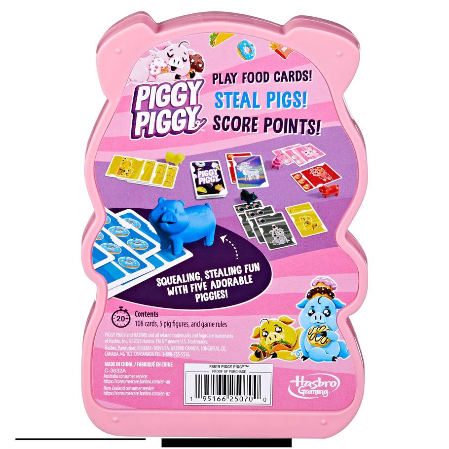 Piggy Piggy - Pink pig-shaped box for Piggy Piggy family game featuring colorful cards and blue pig figurines on the back.