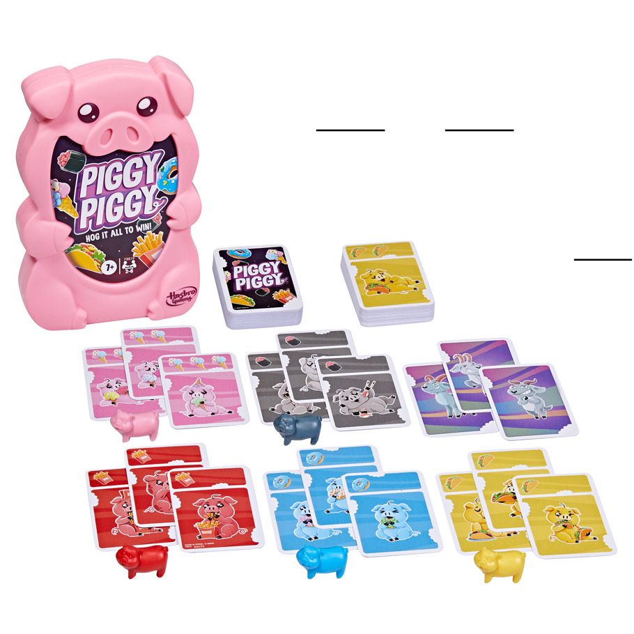 Piggy Piggy - Pink pig-shaped card holder with colorful Piggy Piggy family game cards in red, blue, yellow, gray, and purple sets arranged