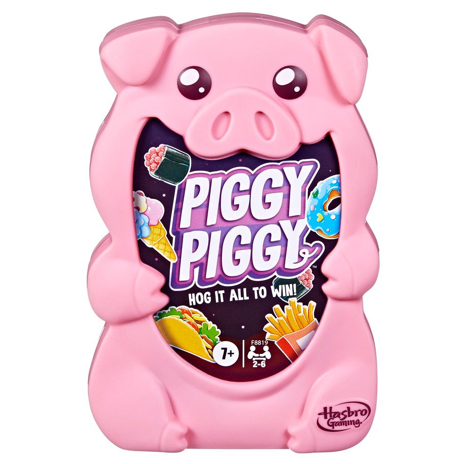 Piggy Piggy - Pink pig-shaped family board game with colorful logo and food illustrations on the front.