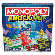 Monopoly Knockout - Monopoly Knock Out board game box with vibrant blue and purple cityscape, colorful game tokens, and red launch catapult on.