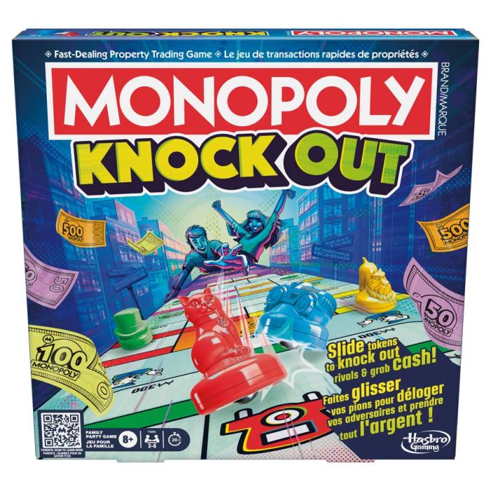Monopoly Knockout - Monopoly Knock Out board game box with vibrant blue and purple cityscape, colorful game tokens, and red launch catapult on.