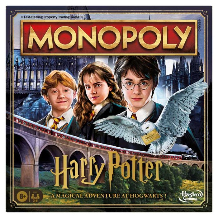 Monopoly: Harry Potter - Harry Potter-themed Monopoly board with characters Ron, Hermione, Harry, and Hedwig owl on dark Hogwarts background.