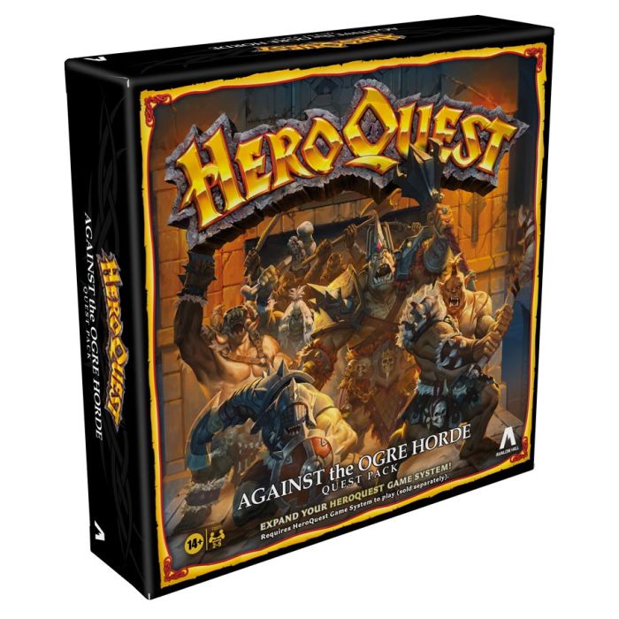 HeroQuest: Against the Ogre Horde Expansion - Black game box with fiery orange and yellow HeroQuest logo, depicting fantasy ogres and warriors in battle scene.