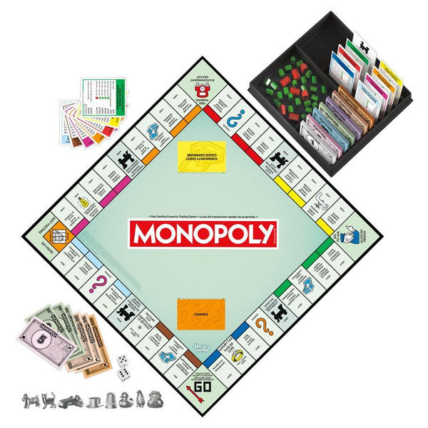 Monopoly Refresh - Square Monopoly board game with pastel blue center, classic property spaces, colorful money and metal tokens in black.