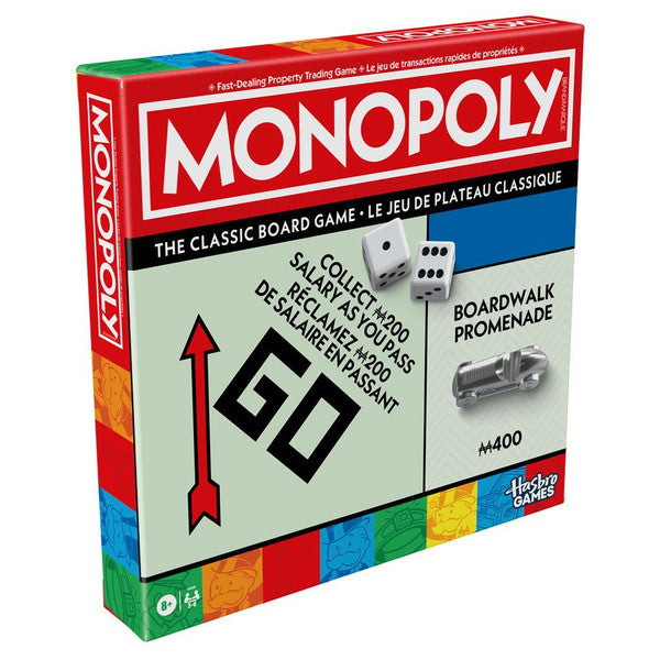 Monopoly Refresh - Monopoly board game box with classic red, white, and green design featuring dice, a silver car token, and colorful property.