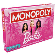 Monopoly Barbie - Bright pink Monopoly board game box featuring Barbie logo and three diverse Barbie dolls on front with palm tree background.