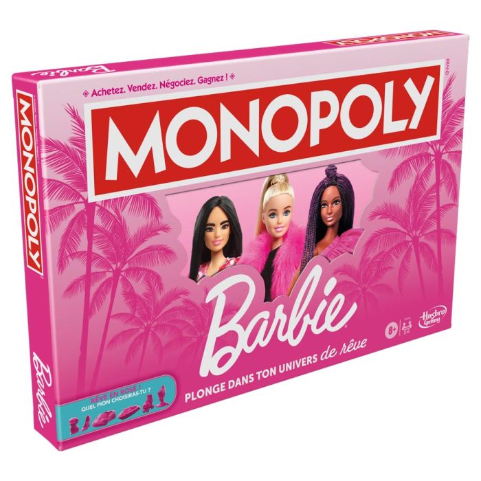 Monopoly Barbie - Bright pink Monopoly board game box featuring Barbie logo and three diverse Barbie dolls on front with palm tree background.