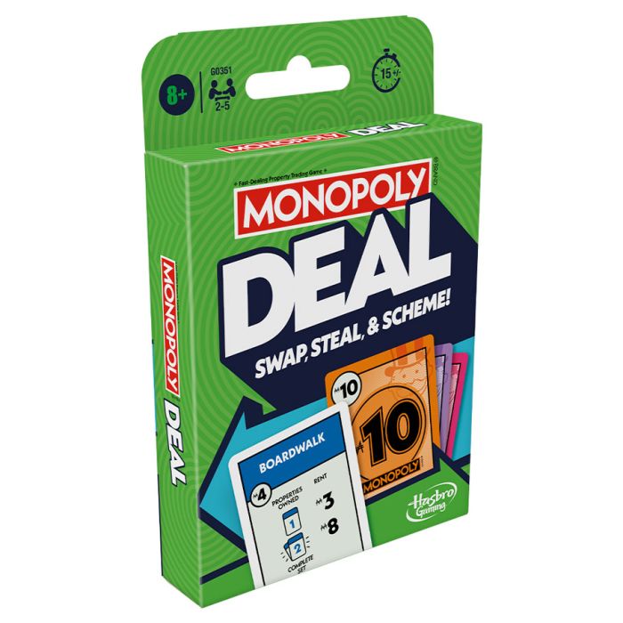 Monopoly Deal Refresh - Green rectangular box for Monopoly Deal card game with colorful property and money cards visible on front.