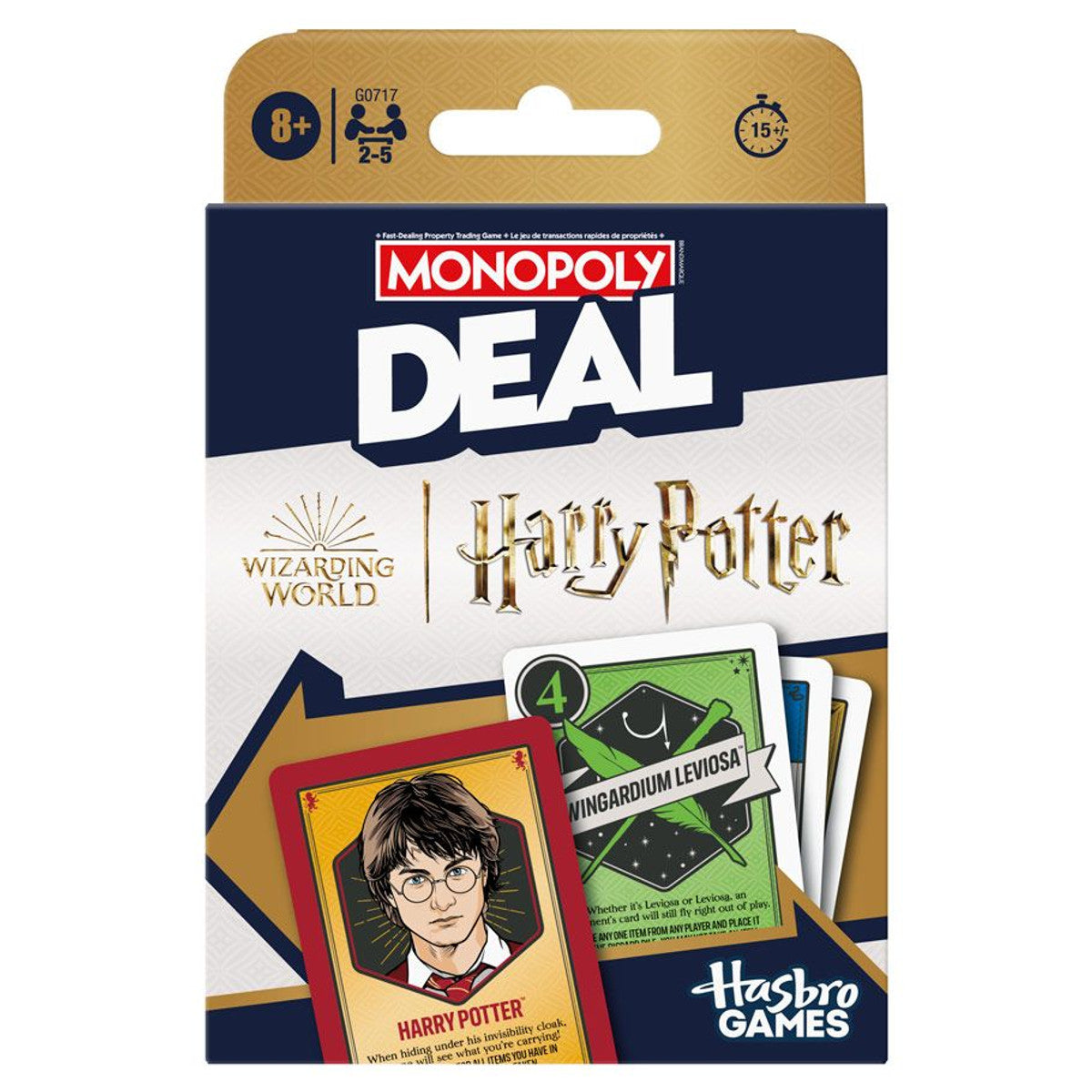 Monopoly Deal: Harry Potter - Monopoly Deal Harry Potter card game box featuring Harry Potter character card and magical item cards with gold and navy.