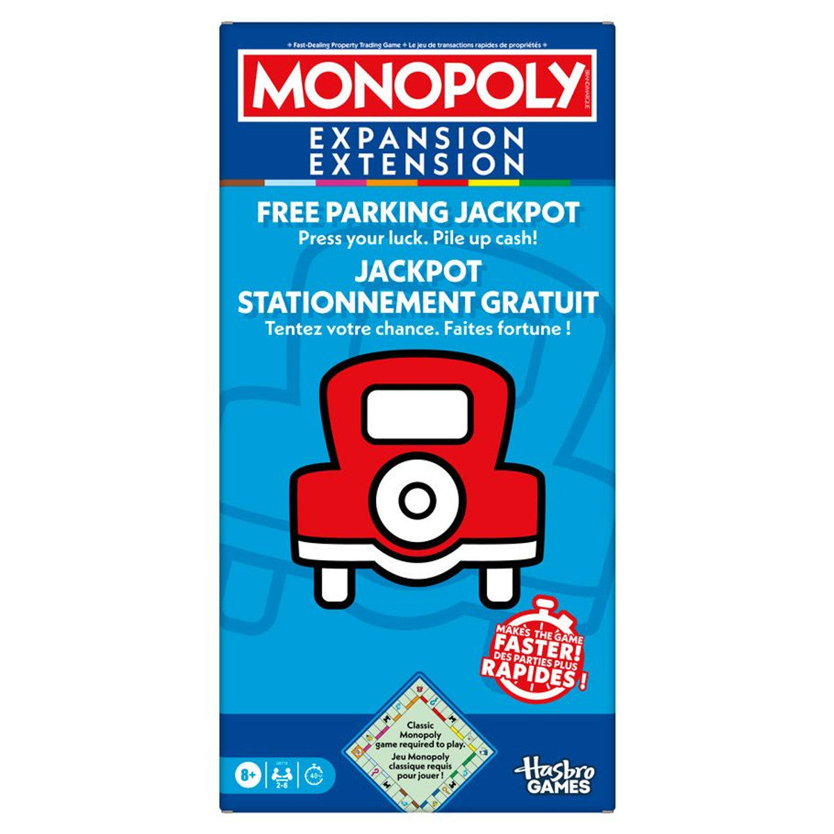 Monopoly: Free Parking Jackpot Expansion - Monopoly Free Parking Jackpot Expansion box in blue with red car icon and bilingual text.