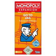 Monopoly: Go to Jail Expansion - Monopoly Go to Jail Expansion box with orange background, blue police officer illustration, and bold red Monopoly logo at.