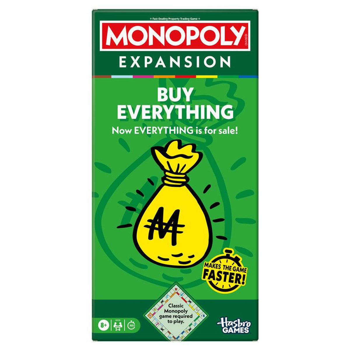 Monopoly: Buy Everything Expansion - Monopoly Expansion Buy Everything box with green background and yellow money bag graphic.