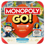 Monopoly Go! - Red square Monopoly Go! game box with bright yellow and white text and cartoon cityscape background.