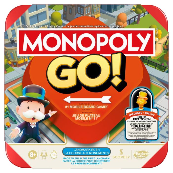 Monopoly Go! - Red square Monopoly Go! game box with bright yellow and white text and cartoon cityscape background.