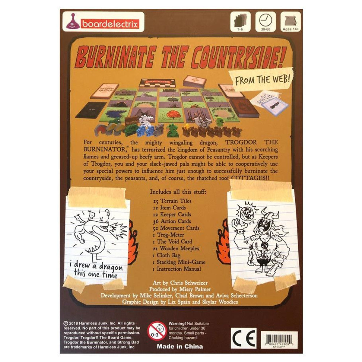 Trogdor!: The Board Game! (Refresh) - Board game box back with brown and orange tones, featuring colorful game cards and illustrated dragon drawings on a.