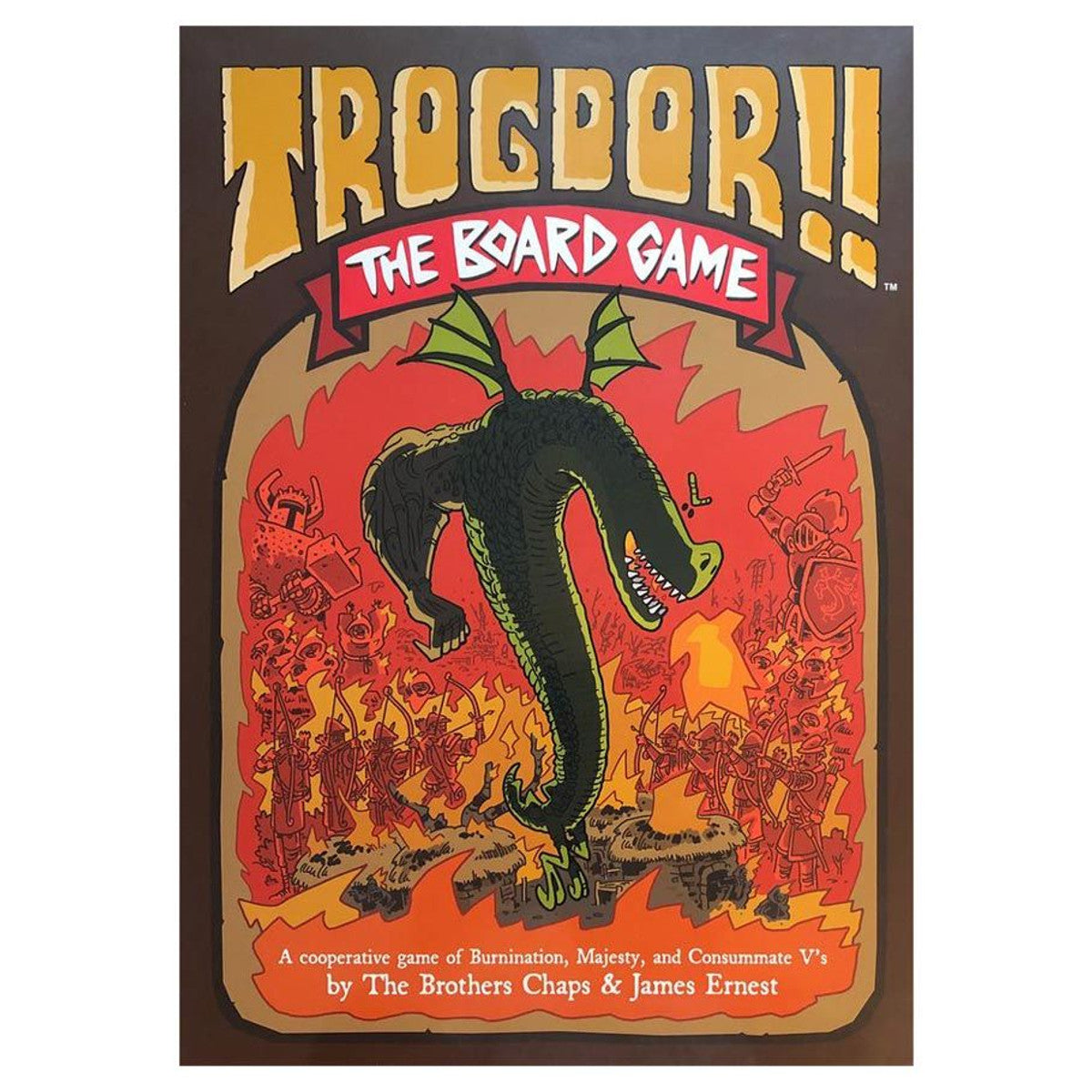 Trogdor!: The Board Game! (Refresh) - Trogdor board game box with orange and yellow dragon illustration breathing fire over village, red and yellow bold title.