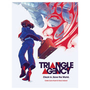 Triangle Agency: The Tabletop Role-Playing Game - Book cover with a person in blue pants and jacket holding a briefcase, bold red flames and geometric shapes above, title.