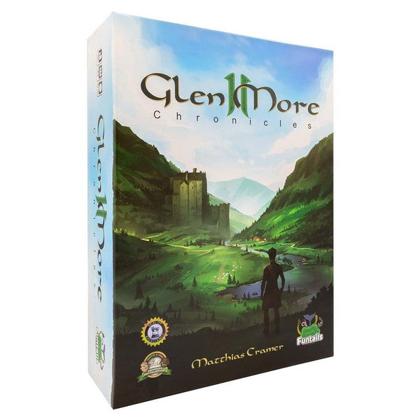 Glen More II: Chronicles - Chronicles board game box featuring a green valley with a castle, mountains, and a figure on horseback under a blue sky.