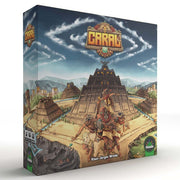 Caral - Caral strategy board game box with ancient pyramid and tribal warrior illustration on a cloudy sky background.
