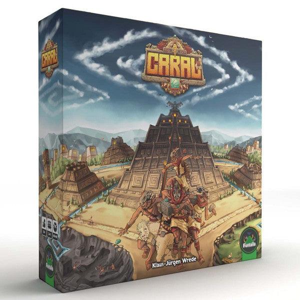 Caral - Caral strategy board game box with ancient pyramid and tribal warrior illustration on a cloudy sky background.