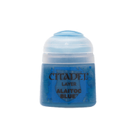 Citadel Layer Paint: Alaitoc Blue - Small clear plastic paint pot filled with bright blue Citadel Layer Paint labeled Alaitoc Blue.