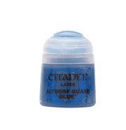 Citadel Layer Paint: Altdorf Guard Blue - Small round plastic pot of Citadel Layer paint in vivid medium blue labeled Altdorf Guard Blue with a transparent twist-off.