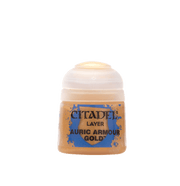 Citadel Layer Paint: Auric Armour - Small clear plastic pot of Citadel Layer Paint in metallic gold labeled Auric Armour Gold.