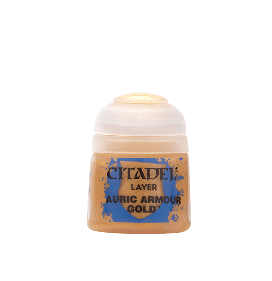 Citadel Layer Paint: Auric Armour - Small clear plastic pot of Citadel Layer Paint in metallic gold labeled Auric Armour Gold.