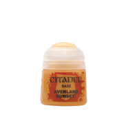 Citadel Base Paint: Averland Sunset - Small pot of Citadel Base Paint in warm yellow-orange labeled Averland Sunset with a clear plastic lid.