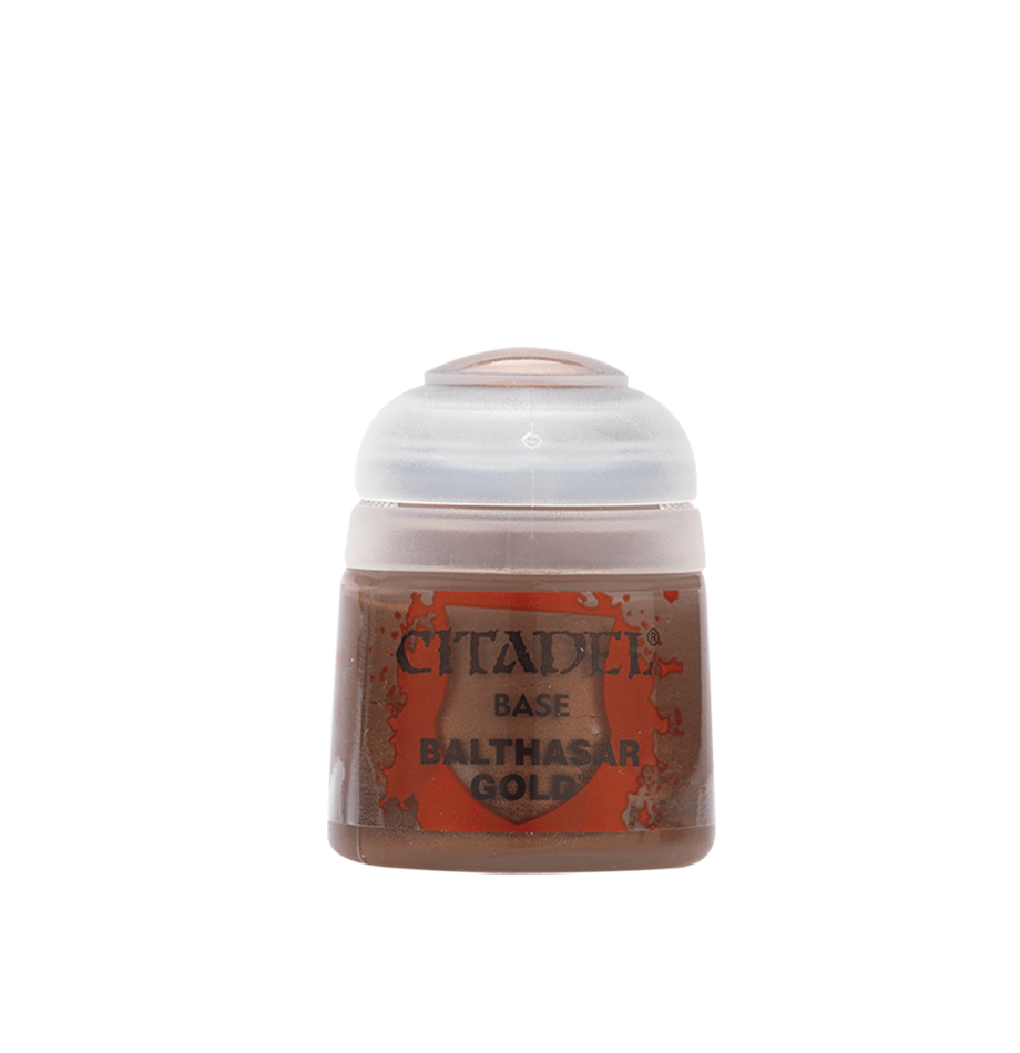 Citadel Base Paint: Balthasar Gold - Small plastic pot of metallic gold paint labeled Citadel Base Balthasar Gold with a flip-top lid.