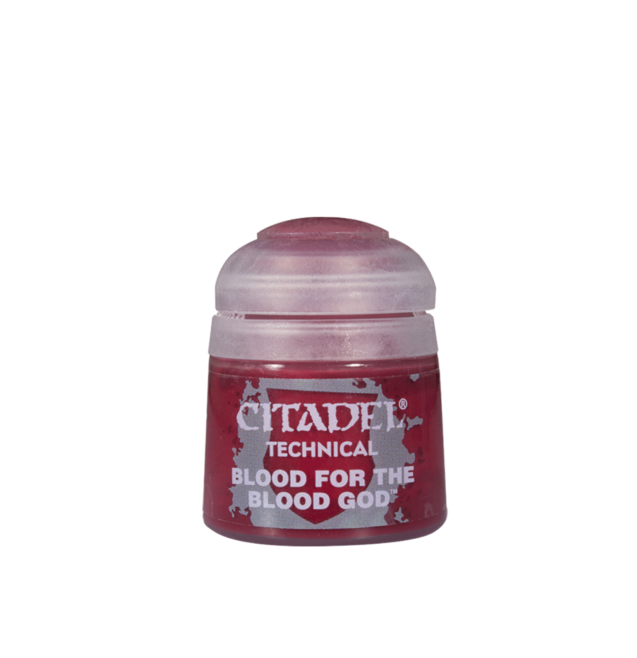 Citadel Technical Paint: Blood for the Blood God - Small clear plastic paint pot with bright blood red paint labeled Citadel Technical Blood for the Blood God.