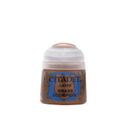Citadel Layer Paint: Brass Scorpion - Small transparent plastic paint pot with bronze metallic paint labeled Citadel Layer Brass Scorpion.
