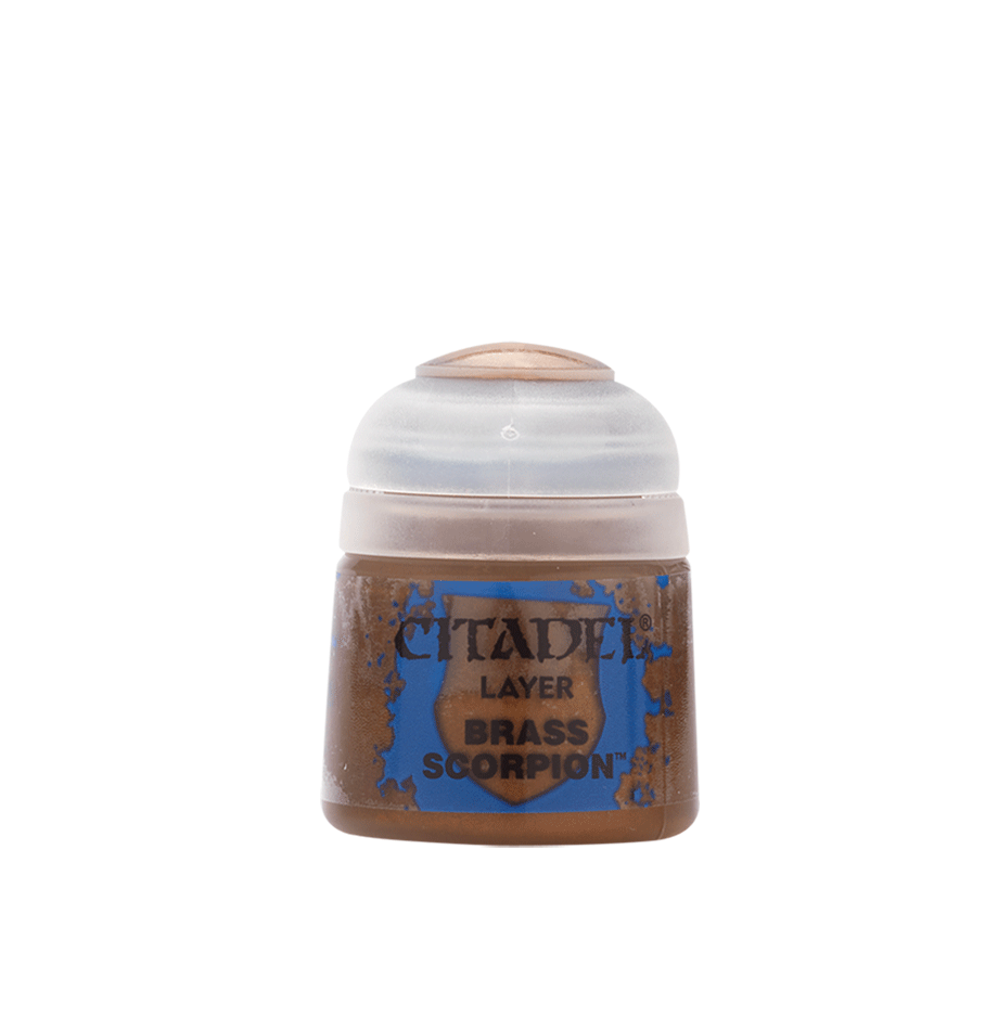 Citadel Layer Paint: Brass Scorpion - Small transparent plastic paint pot with bronze metallic paint labeled Citadel Layer Brass Scorpion.
