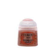 Citadel Base Paint: Bugman's Glow - Small plastic pot of Citadel Base Paint in warm reddish-brown shade labeled Bugman's Glow.