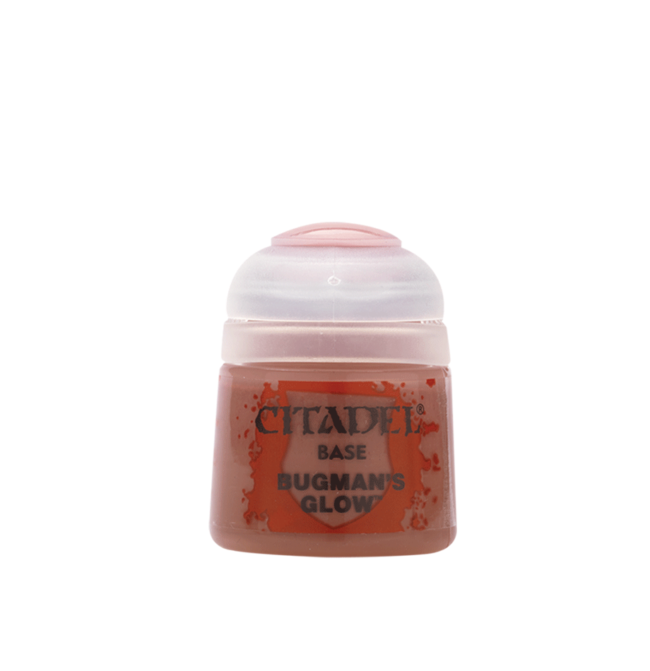 Citadel Base Paint: Bugman's Glow - Small plastic pot of Citadel Base Paint in warm reddish-brown shade labeled Bugman's Glow.