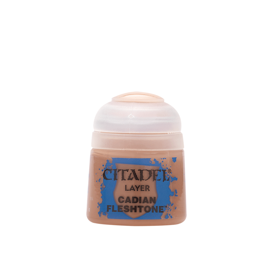 Citadel Layer Paint: Cadian Fleshtone - Small plastic pot of Citadel Layer paint in Cadian Fleshtone color with blue and black label.