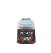 Citadel Base Paint: Caliban Green - Small pot of Citadel Base Paint in Caliban Green with black and red label and clear plastic lid.