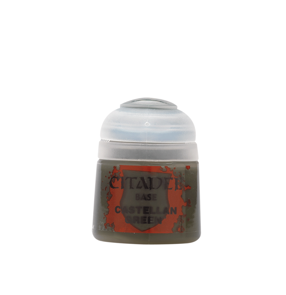 Citadel Base Paint: Castellan Green - Small pot of dark green Citadel base paint labeled Castellan Green with a clear plastic lid.