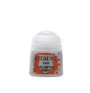 Citadel Base Paint: Celestra Grey - Small plastic pot of Citadel Base Paint in Celestra Grey with white cap and red label designs.