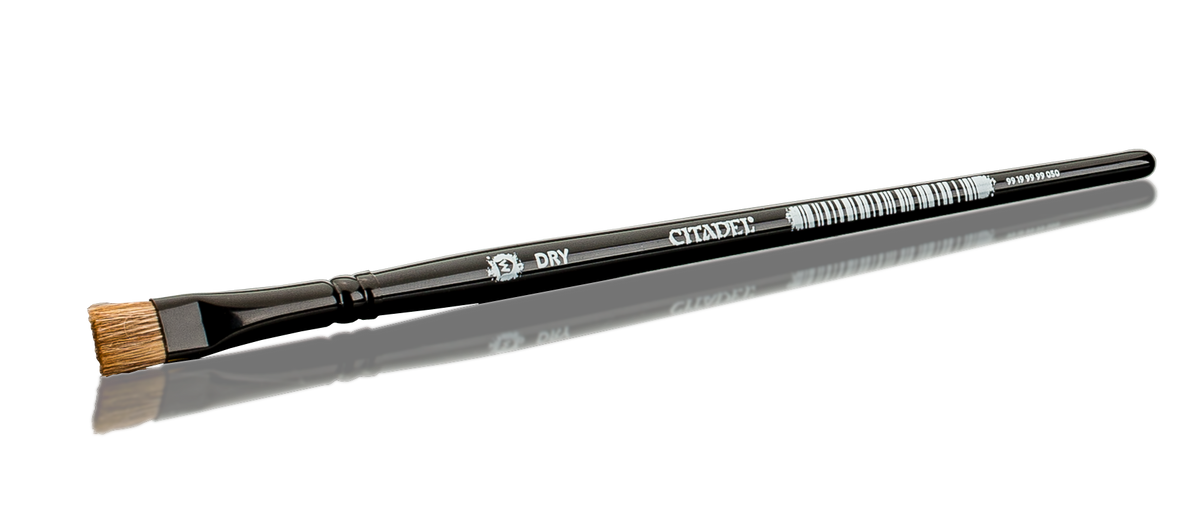 Medium dry brush with natural bristles and black handle labeled Citadel for paint application.